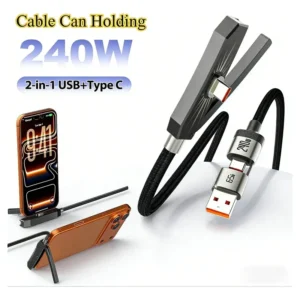 Cabo 2 Em 1 Usb E Tipo C 240w Com Suporte Para Celular