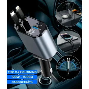 Carregador Veicular Automotivo 12v Com Cabo Retrátil Para Carros Caminhão Plug Acendedor Carga Rápida 120w 80cm Adaptador Isqueiro Tipo-c E Ios Entrada Usb Charger Turbo 4 Em 1 Car