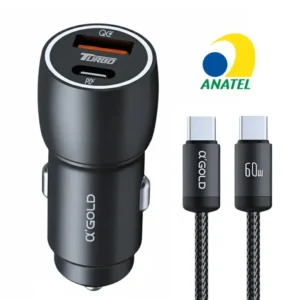 Carregador Veicular Turbo 60w Usb-c Pro Preto + Cabo Duas Portas Usb 3.0 + Usb-c Led Premium Compatível Com iPhone E Android Ios Super Rápido Carros Veículos Carrega 2 Celulares Ju