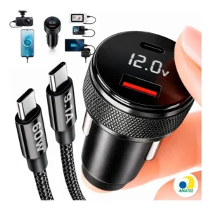 Kit Tomada Veicular Usb Tipo C Carregador Turbo Compatível Com iPhone Apple Android Asus Lg Ios Samsung Xiaomi Motorola Plug Carro Acendedor 60w Display Led Usbc Portátil Cinzeiro