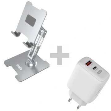 Suporte de Celular e Tablet Quanta QTSMA20 - Prata + Carregador Tomada QTCCR45