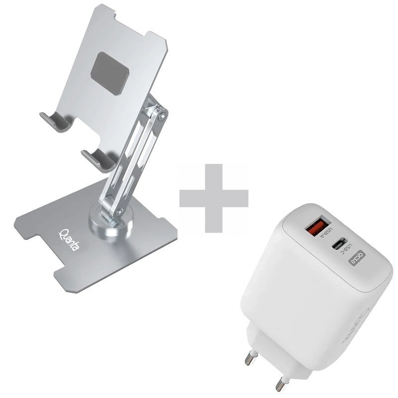 Suporte de Celular e Tablet Quanta QTSMA20 - Prata + Carregador Tomada QTCCR45