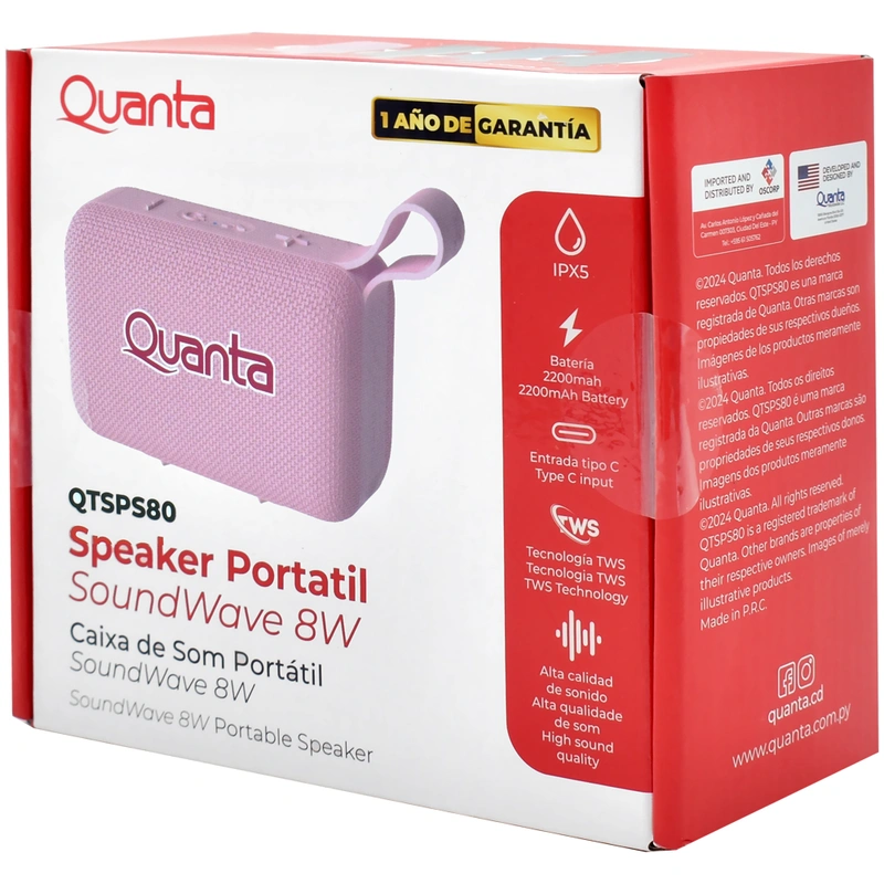 Caixa de Som Quanta QTSPS80 Mini Bluetooth TWS Micro SD - Rosa 8W IPX5 - Imagem 4
