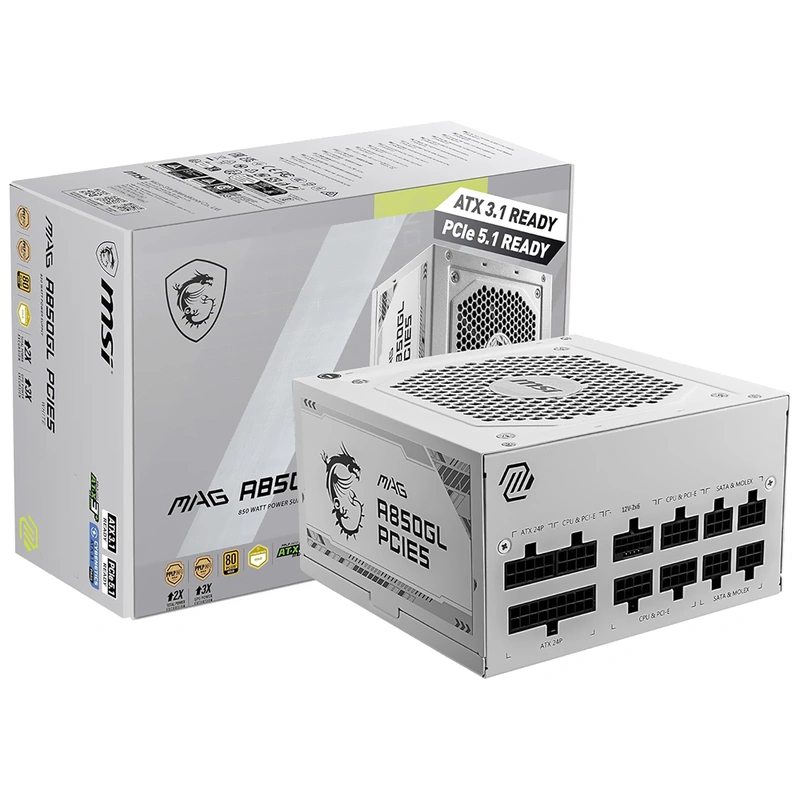 Fonte de Alimentação MSI Mag A850GL 850W ATX 3.1 Modular 80 Plus Gold - Branco