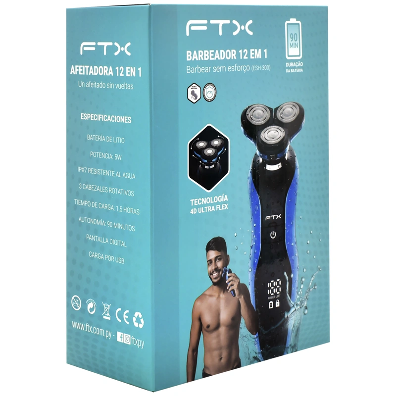 Barbeador FTX ESH-300 Recarregável - Preto Azul (Kit 12 em 1) USB-C - Imagem 3