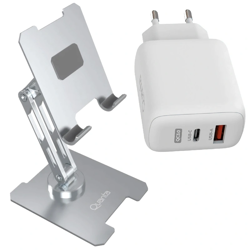 Suporte de Celular e Tablet Quanta QTSMA20 - Prata + Carregador Tomada QTCCR45 - Imagem 2